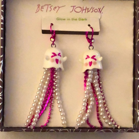 Betsey Johnson Fuchsia Tone Just Treats Ghost Drop Earrings With Fringe NWT - Picture 6 of 10